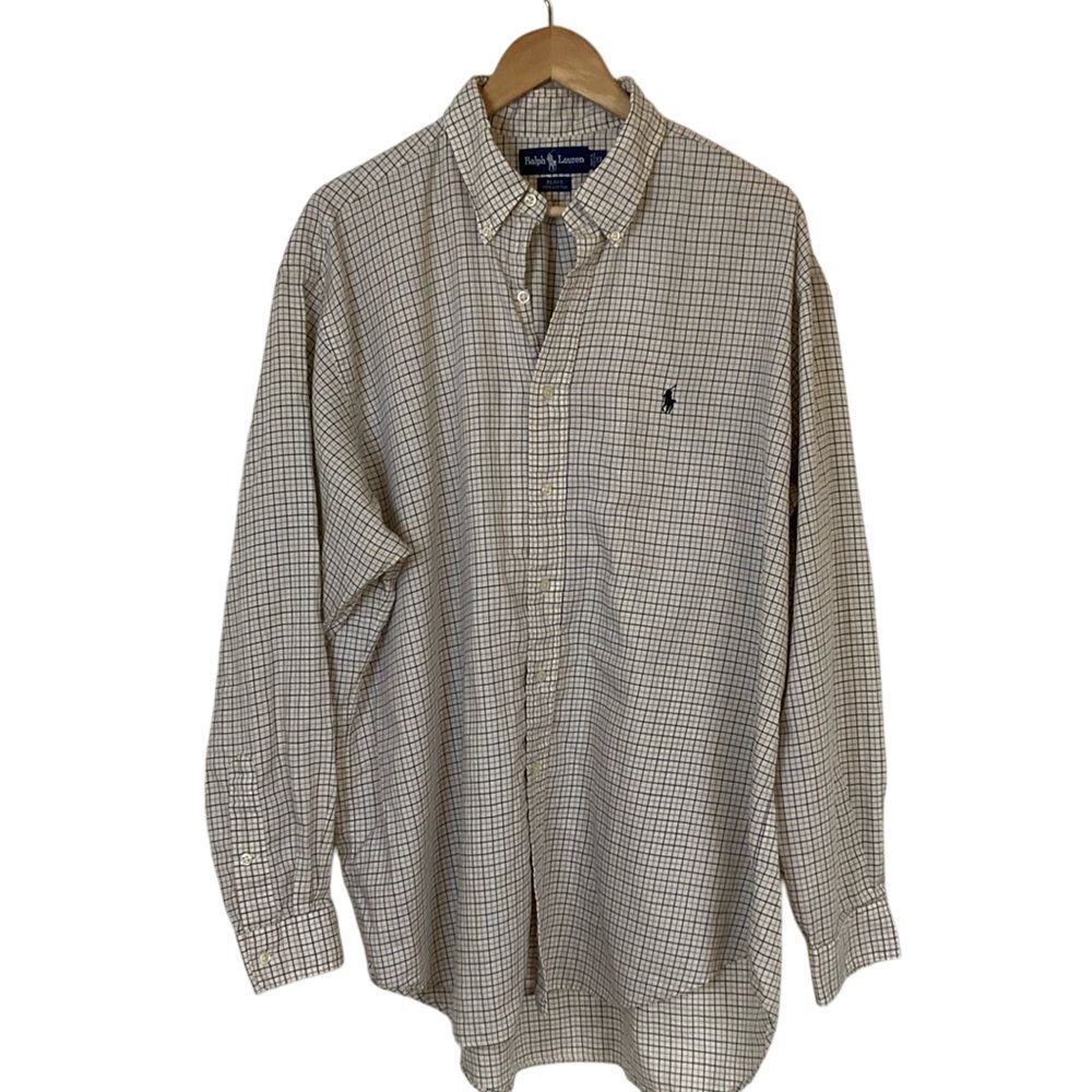 Ralph Lauren Mens Blake Button Down Shirt XL White Gold Navy Windowpane‎ Pony